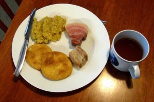 Clockwise from top: Pease porridge; salt pork; more salt pork; hardtack (one with butter and one without - you can't tell by looking, but your teeth will know)